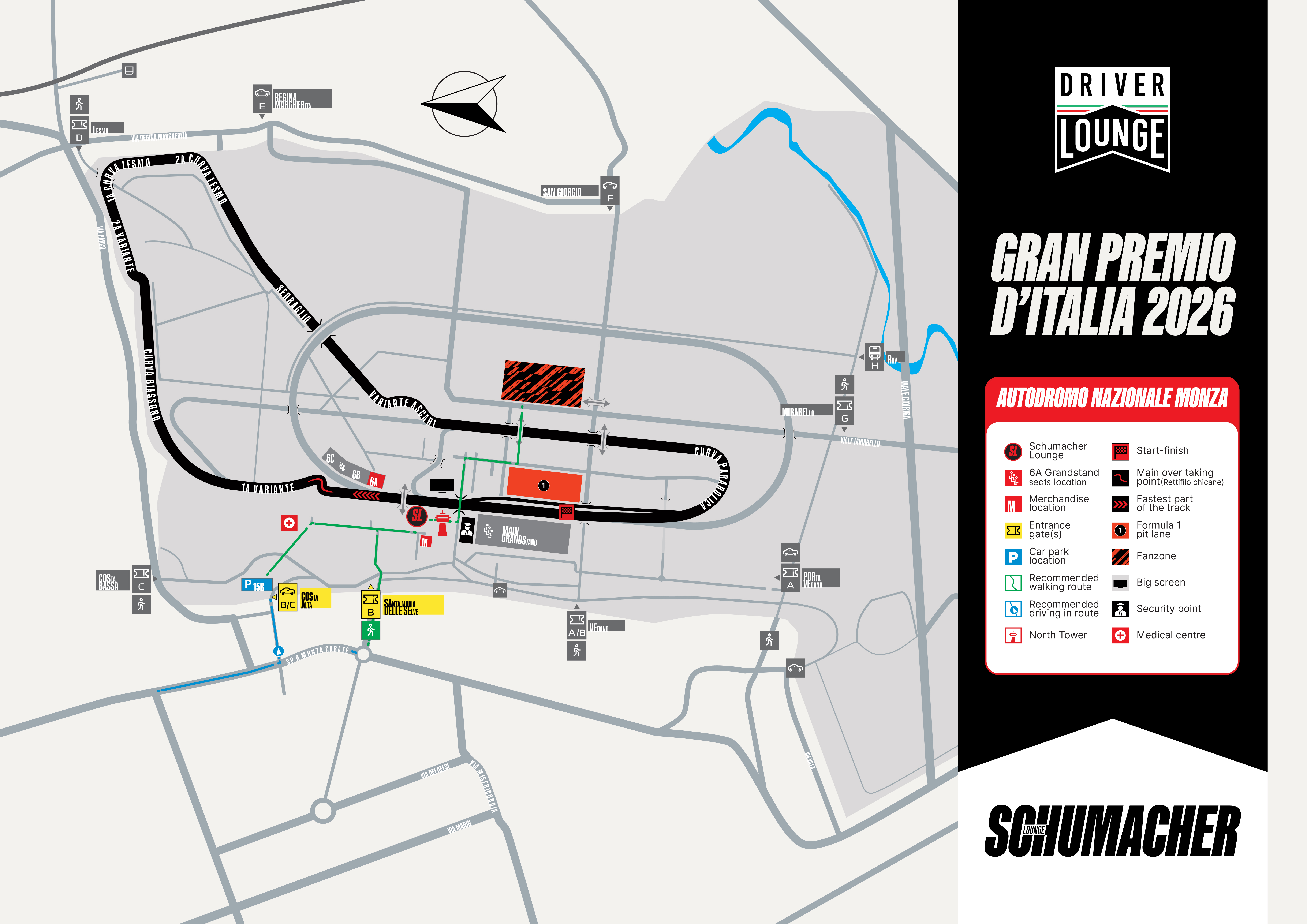 Map of the circuit showing the lounge, grandstand, parking and facilities. Each marker is listed below.