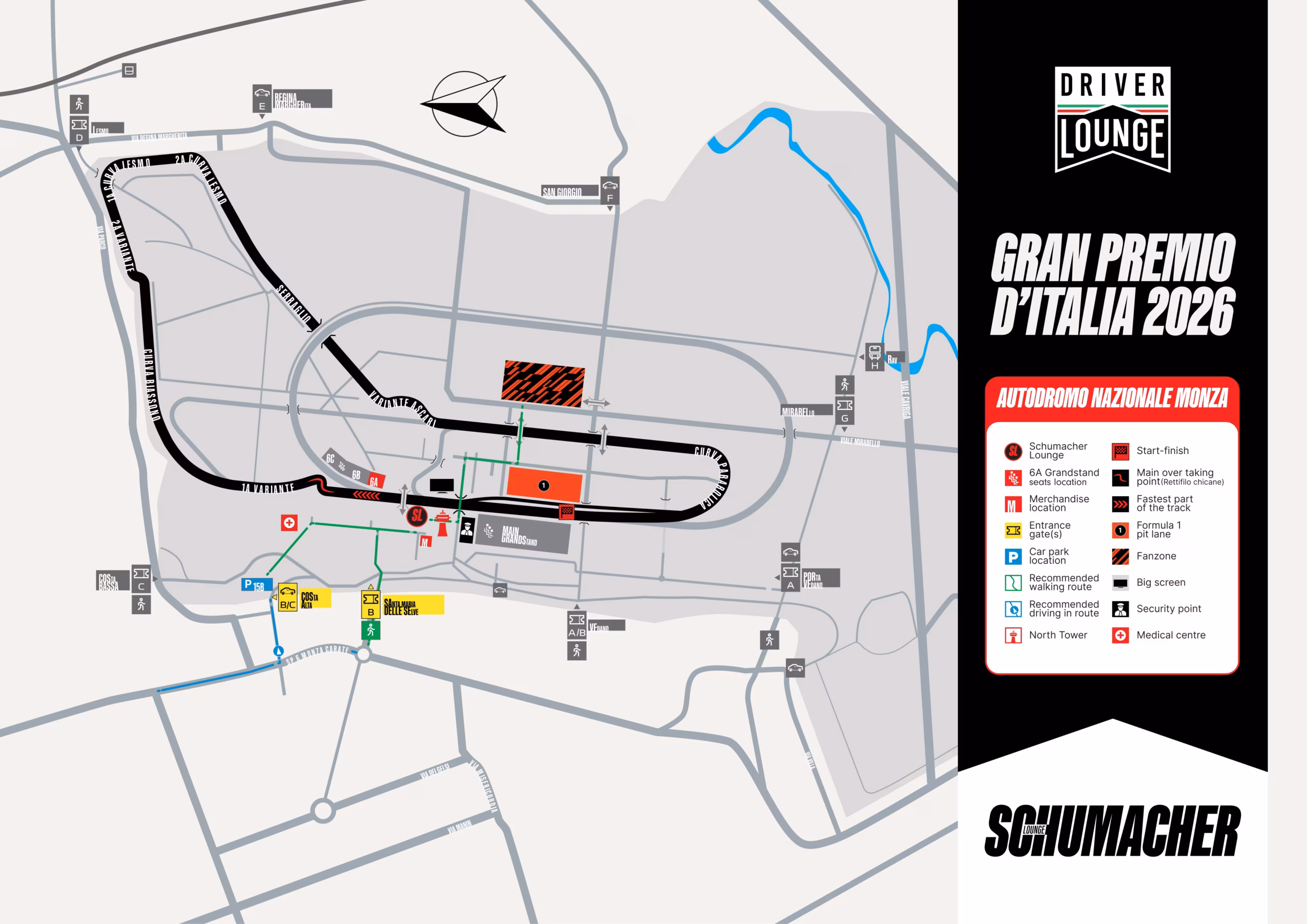 Map of the circuit showing the lounge, grandstand, parking and facilities. Each marker is listed below.